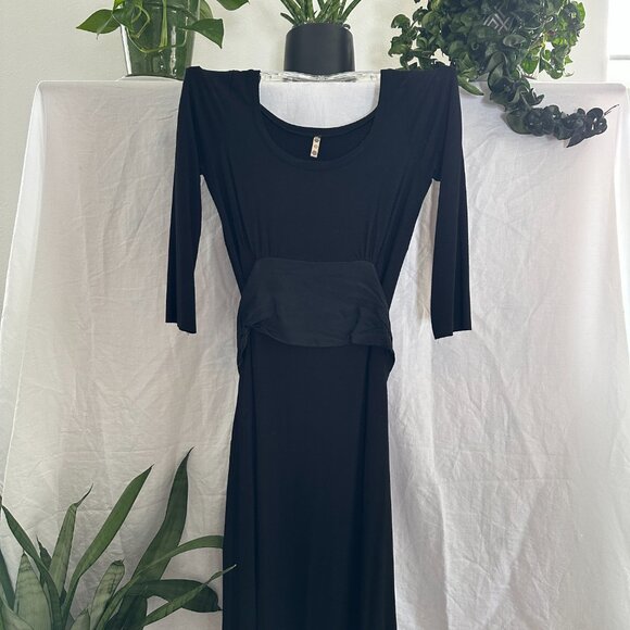 Three Dots Black 3/4 Long Sleeve Dress with Satin Bow Sash Medium VGUC - Picture 4 of 8